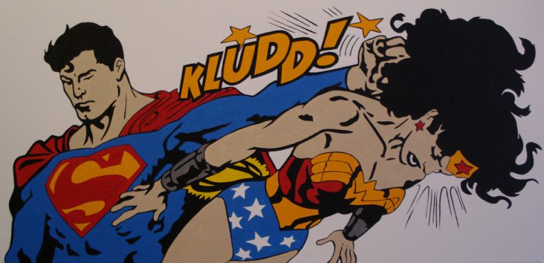 Superman and Wonder Woman in an action scene with "KLUDD!" text.