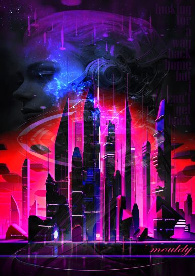 Futuristic cityscape with glowing skyscrapers and a cosmic backdrop, featuring a woman's profile.