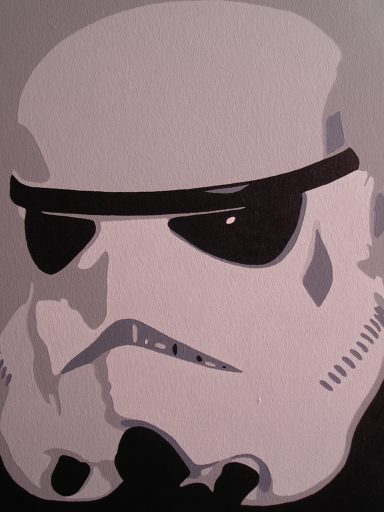 Stormtrooper helmet design featuring an eye patch and a bold black and white style.