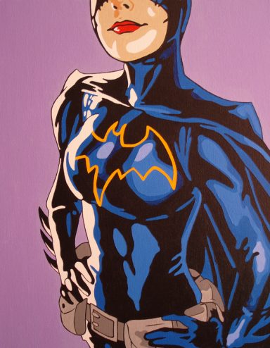 Stylised portrait of Batgirl in a blue suit with a yellow logo against a purple background.