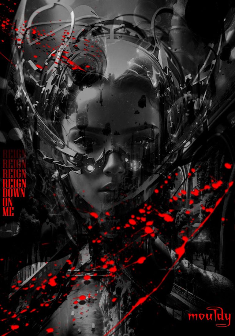 A futuristic woman with mechanical elements and a dark red splatter background.