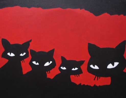 Silhouettes of four black cats against a vibrant red background.