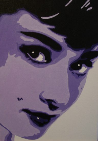 Stylised portrait of a woman with dark hair and a beauty mark, in purple tones.