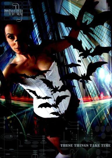 A woman in a corset surrounded by bats, set against an urban night backdrop.