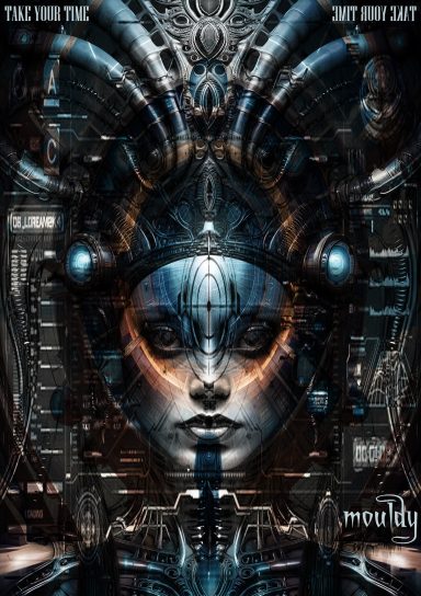 Futuristic robotic face with intricate circuit patterns and glowing elements.