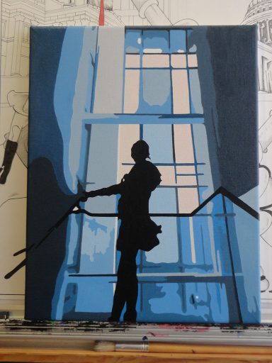 Silhouette of a person leaning on a railing against a bright, blue-tinted window.