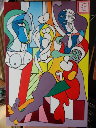 Abstract artwork featuring stylised figures in bold colours and geometric shapes.