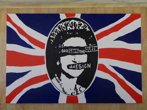 A stylised portrait of the Queen, with a censored message, against a Union Jack background.