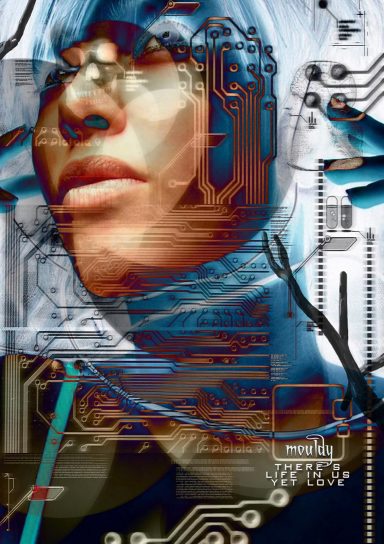 A futuristic portrait of a person with circuitry details and a high-tech appearance.