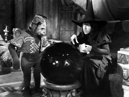 A witch and a small creature gazing into a crystal ball in a mystical setting.