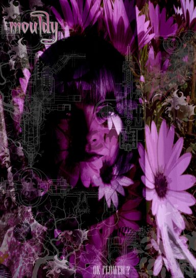 A woman's face partially obscured by vibrant pink flowers and abstract patterns.