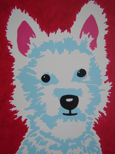 Cartoon-style illustration of a fluffy white dog with large ears and bright blue accents.