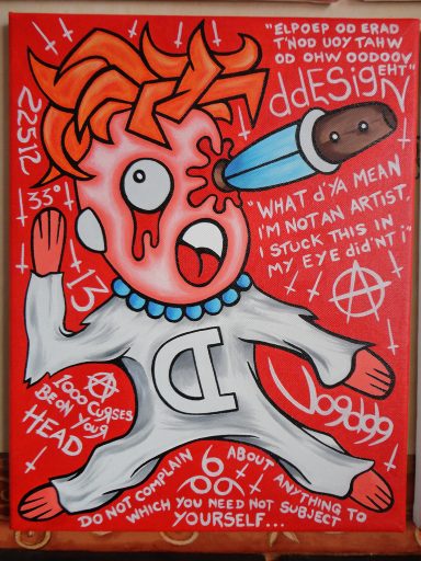 A cartoon figure with red hair, a blue necklace, and a paintbrush in its eye against a red background.