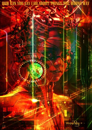 A futuristic portrait of a woman with digital overlays and vibrant colours.