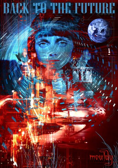 A stylised design featuring a female figure with a futuristic backdrop and text "Back to the Future".