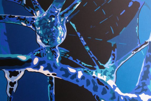 Abstract artwork depicting blue and turquoise neurons on a dark background.