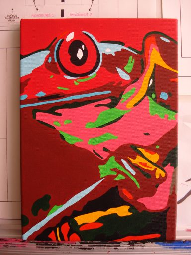 Colourful pop art depiction of a frog against a vibrant red background.