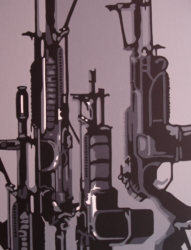 Illustration of various firearms in a stylised monochrome design.