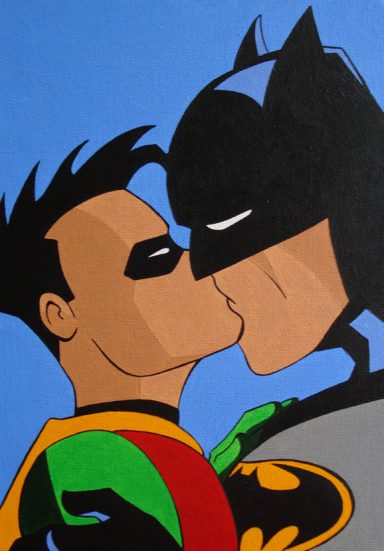 Robin and Batman share a kiss against a blue background.