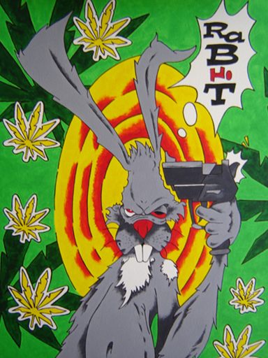 A grey cartoon rabbit holding a gun, surrounded by green leaves and bold text.