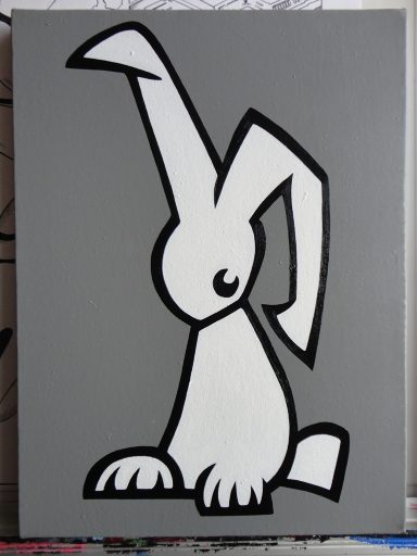 Stylised white rabbit with long ears, set against a grey background.