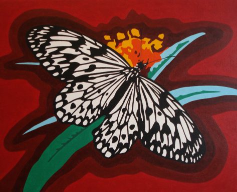 Black and white butterfly on a vibrant red background with a yellow flower.