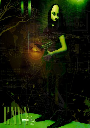 A dark, eerie figure holding a glowing orb, surrounded by green tones and vague text.