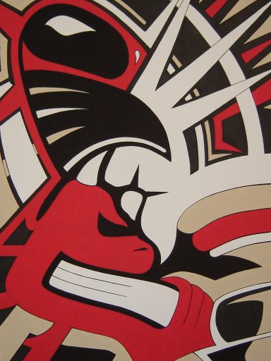 Abstract design featuring bold red and black shapes with dynamic lines.