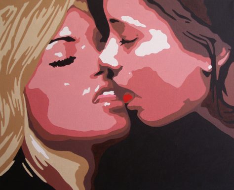 Two abstract figures of women leaning in for a kiss, highlighting their lips and facial features.