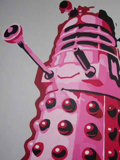 A pink Dalek with bumps and a protruding eye stalk.