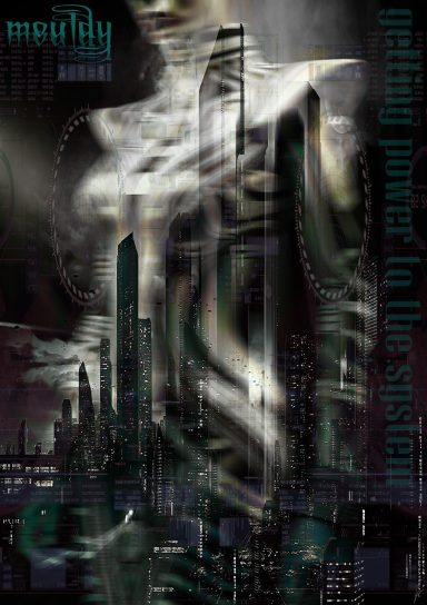 Futuristic cityscape with abstract humanoid figure and towering buildings in dark tones.