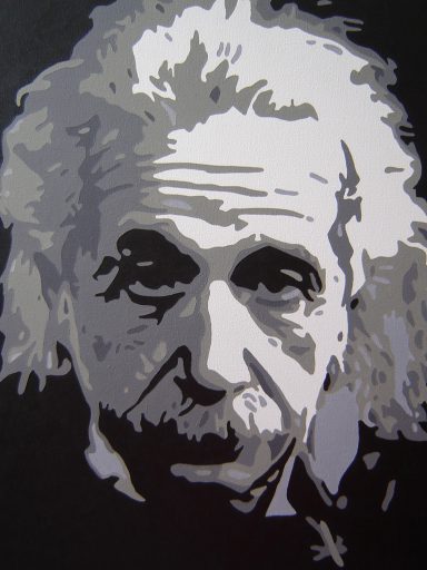 A stylised black and white portrait of Albert Einstein, highlighting his distinctive features.