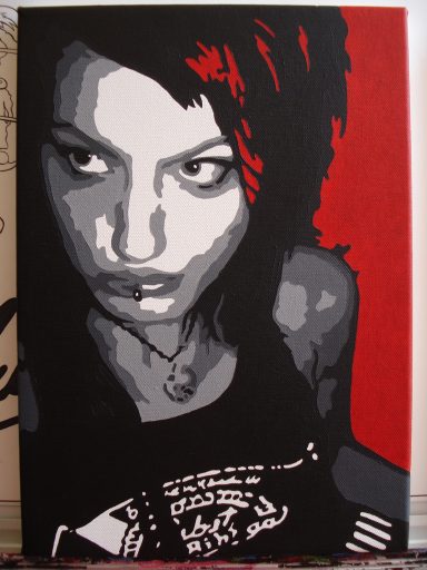 A stylised portrait of a woman with red and black hair, wearing a black tank top.