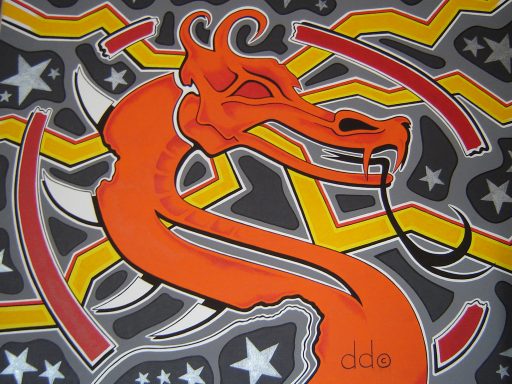 Orange dragon design with bold lines and star patterns on a grey background.