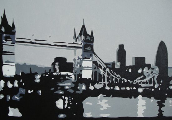 Black and white silhouette of Tower Bridge with a city skyline in the background.