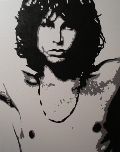 Black and white illustration of a shirtless man with long wavy hair and a necklace.