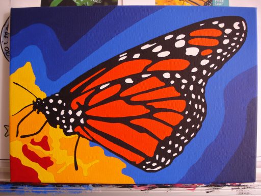 Colourful illustration of a Monarch butterfly on a bright yellow and blue background.