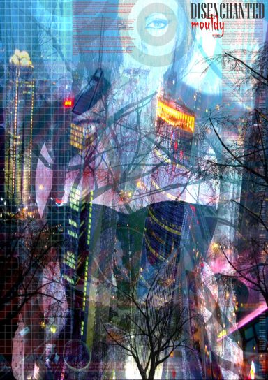 Abstract cityscape with futuristic elements, bright colours, and complex geometric shapes.