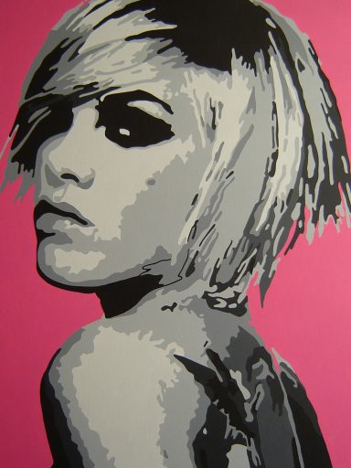 Stylised portrait of a woman with short, blonde hair against a pink background.