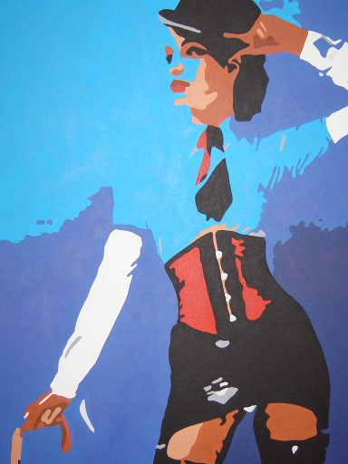 A stylised female figure in a blue shirt, corset, and saluting pose against a blue background.