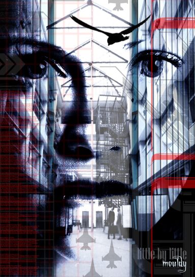 A futuristic collage with a human face, architectural elements, and abstract designs.