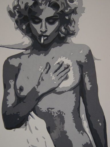 A stylised monochrome depiction of a woman smoking, covering her chest with one hand.