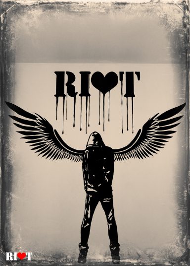 A person with wings stands against a wall, with "RI♥T" stylised above them.