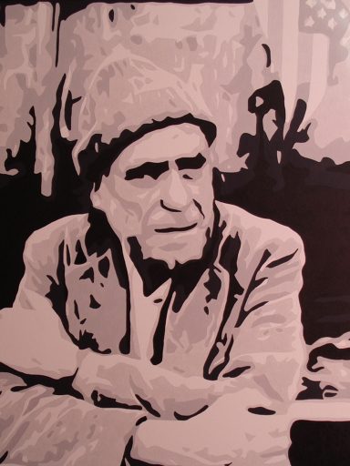 A thoughtful elderly man with a beanie, sitting with arms crossed, in monochrome style.