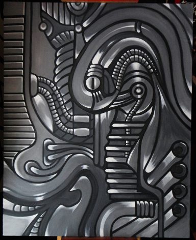 Abstract black and grey artwork featuring intertwined shapes and patterns.