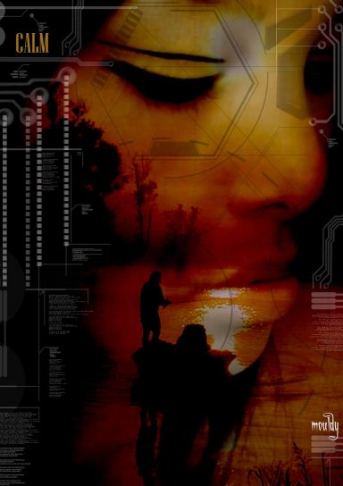 Close-up of a woman's face with digital overlay elements and silhouettes in the background.