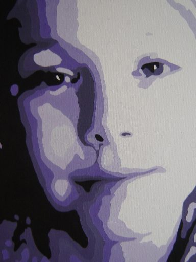 A stylised portrait of a child's face in shades of purple and white.