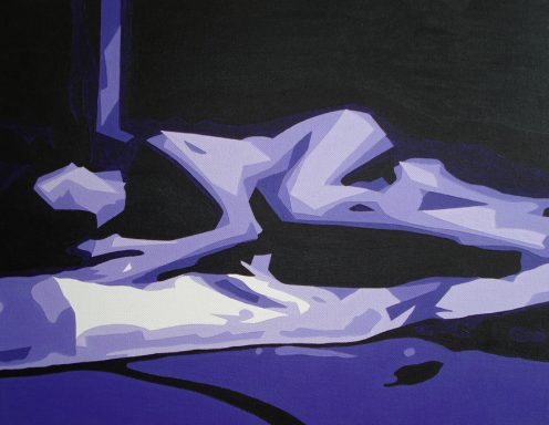 Abstract depiction of a figure lying on a surface, using shades of purple and black.