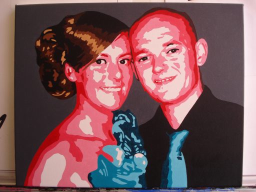 A vibrant portrait of a smiling couple, featuring bold red and blue colours.