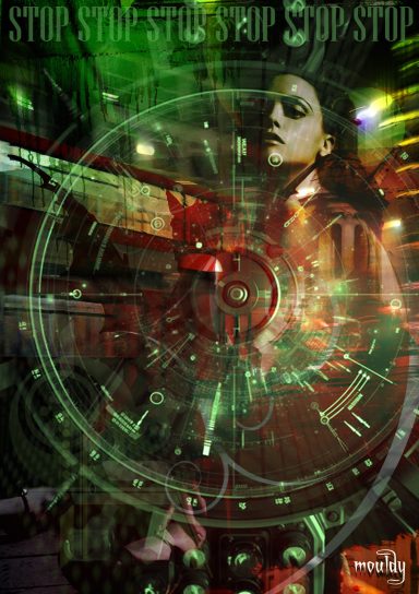 A woman stands in a futuristic setting with digital overlays and glowing elements.